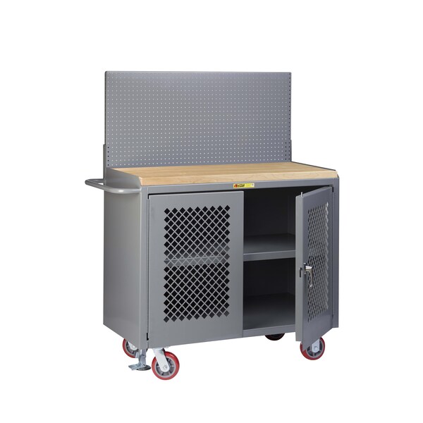 Mobile Bench, 36"W, 2 Perf Doors, Center Shelf, Pegboard, Butcher Block